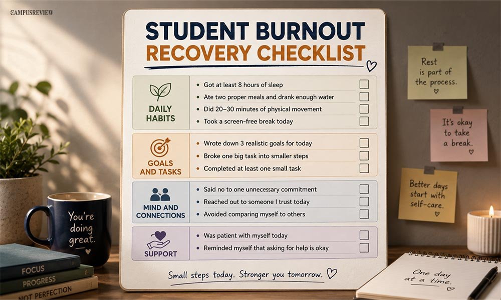 Student burnout recovery checklist with daily habits, goal setting, self-care, and mental wellness strategies