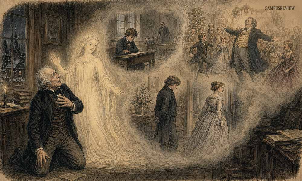 Ghost of Christmas Past showing Scrooge memories of his childhood and lost love