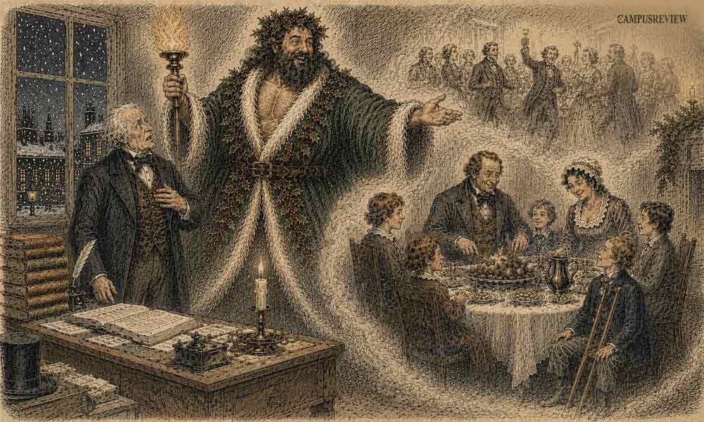 Ghost of Christmas Present showing Scrooge the Cratchit family celebrating Christmas