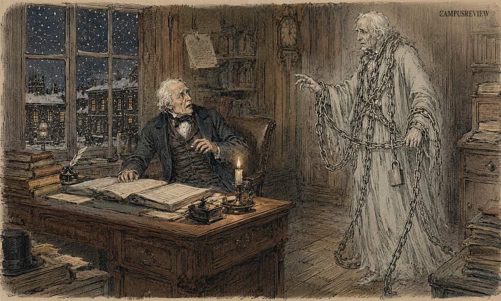 Jacob Marley’s ghost visiting Scrooge in chains on Christmas Eve