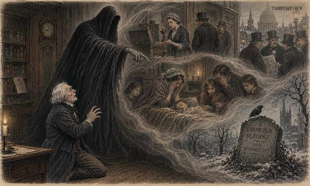 Ghost of Christmas Yet to Come showing Scrooge a dark vision of his possible future