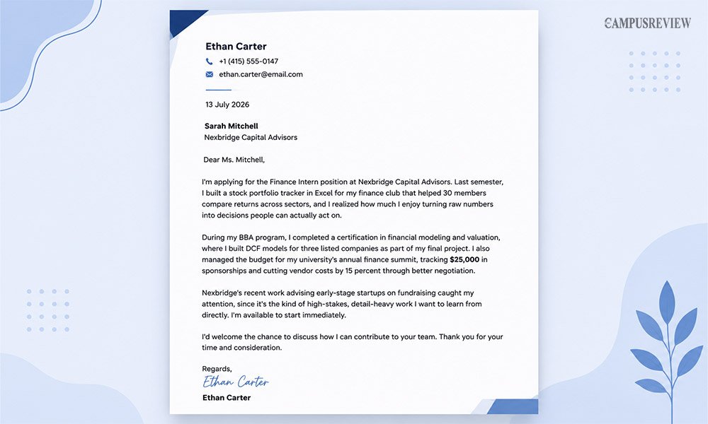 Finance Role Cover Letter Example