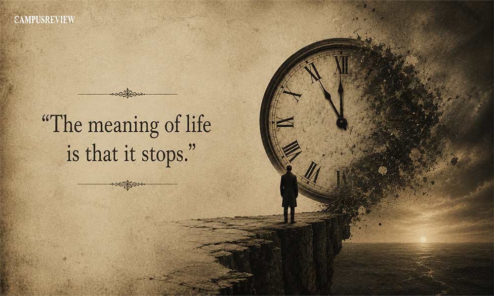 Franz Kafka quote about life displayed beside a solitary figure standing near a giant antique clock