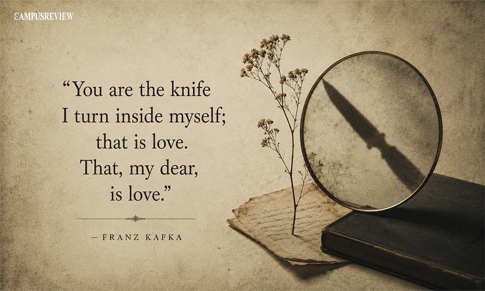 Franz Kafka quote about love displayed beside a knife shadow reflected in a mirror with a dried flower, letter, and book