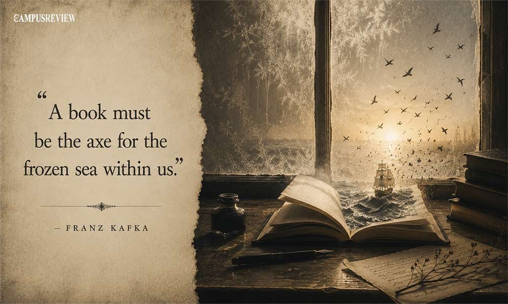 Franz Kafka quote about books displayed beside an open book, ink bottle, pen, ship, and birds by a window