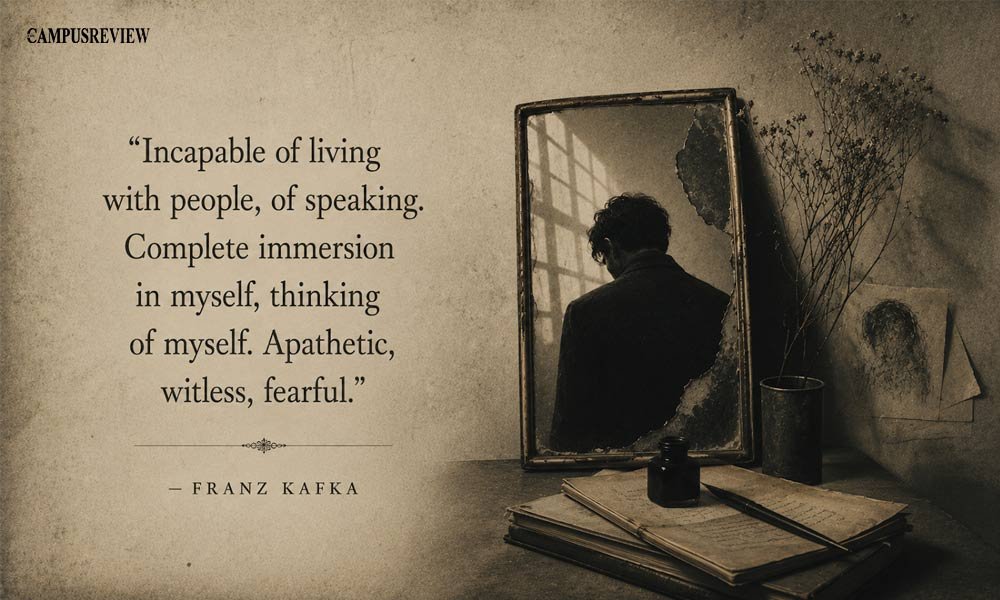 Franz Kafka quote about loneliness displayed beside a solitary figure seen in a broken mirror surrounded by papers and personal objects