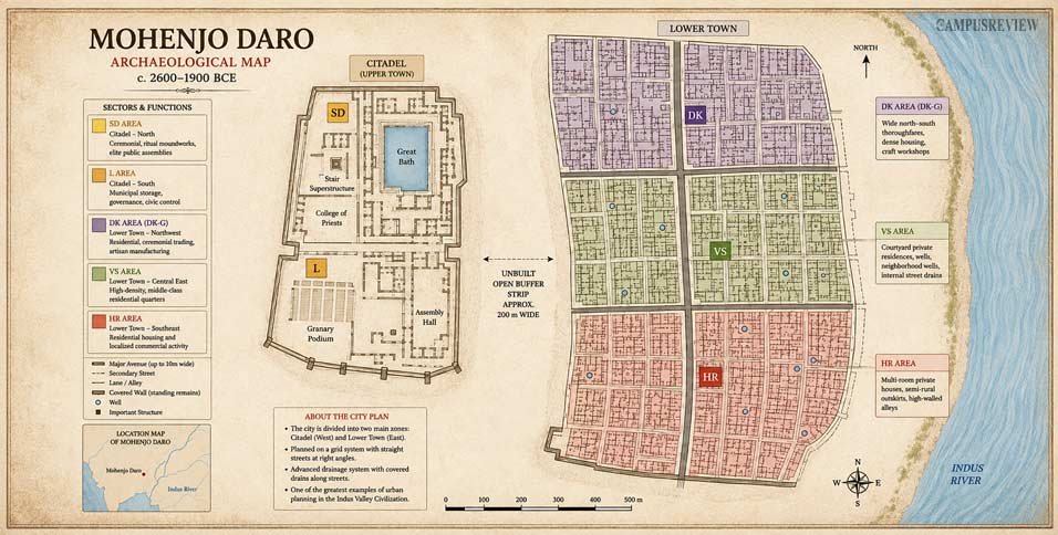 Mohenjo Daro map shows the Citadel, Lower Town, Great Bath, Granary, Assembly Hall, and drainage system.