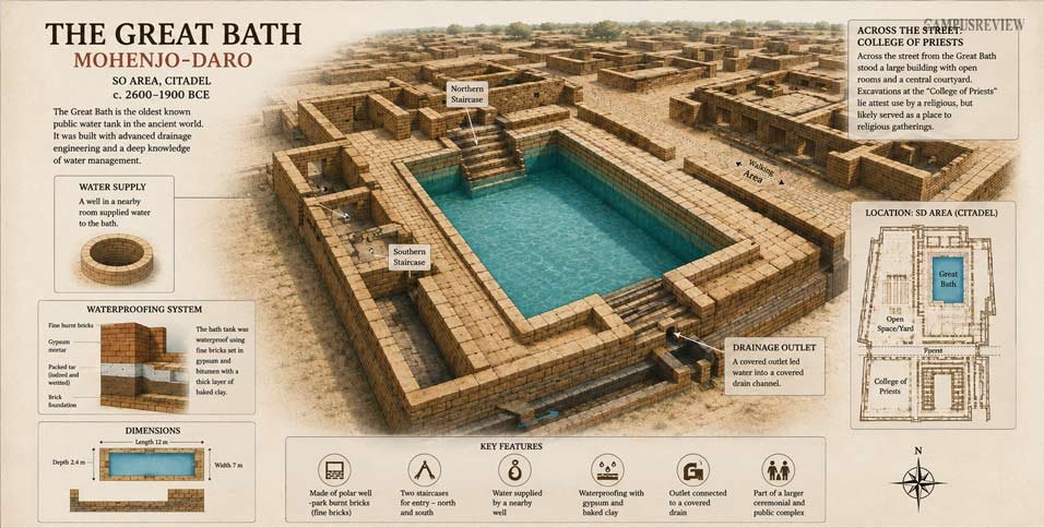 Great Bath at Mohenjo Daro inside the Citadel, showing the ancient brick pool, staircases, and waterproof construction.
