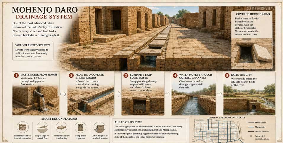  Ancient drainage system at Mohenjo Daro showing covered brick drains and advanced urban sanitation of the Indus Valley Civilization.
